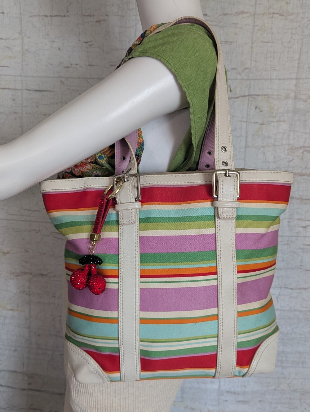 Coach Striped Canvas Tote with Pink, Red and Green Accents